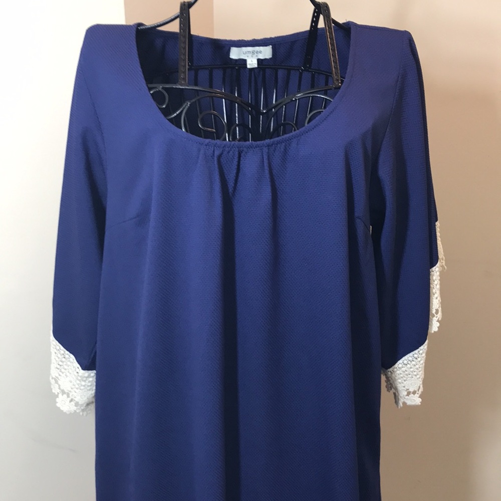Umgee USA Blue Short-Sleeved Dress with Cream Lace on Bottom and Sleeves